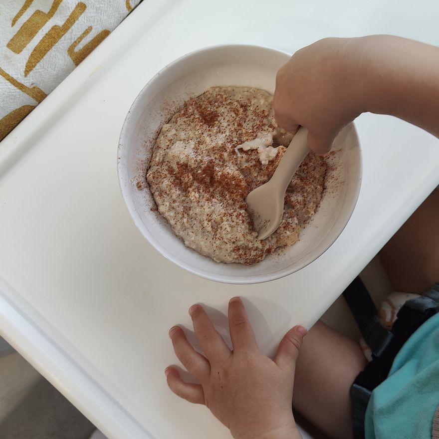 Taca com papa polvilhada de canela e as maos do bebe no tabuleiro da cadeira da papa