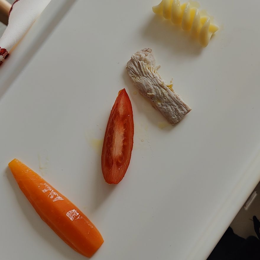 Tabuleiro branco com palitos de cenoura, tomate, peixe desfiado e massa espiral