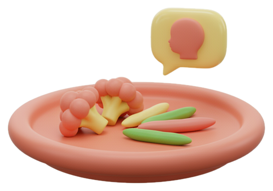 Ilustração de um prato com legumes recusados e um balão de fala com uma criança a virar a cara